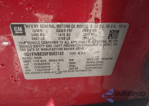 2015 Cadillac Srx Luxury Collection from USA, damaged, VIN 3GYFNBE39FS582122